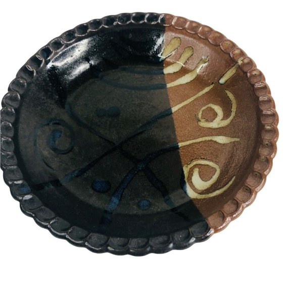 Claybanks Studio Art Pottery Pie Dish Plate Pan Brown Black Abstract Vintage - Picture 2 of 10